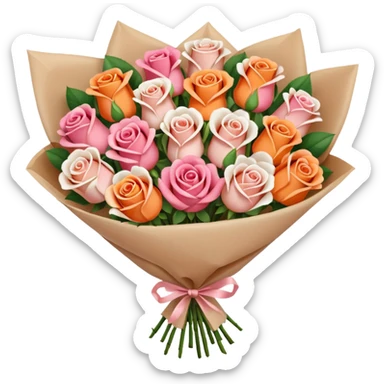 light pink Bouquet of red orange pink white roses in package sticker