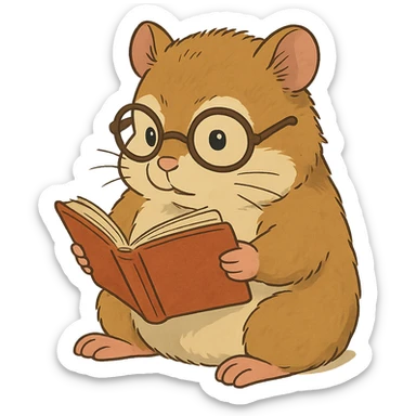 ghibli style nerd hamster with glasses reading a book sticker