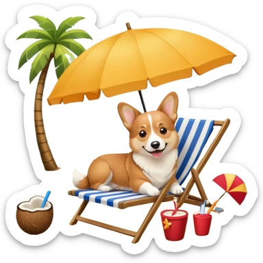 a corgi dog laied on a beach chair, a sunny beach, a sun umbrella, and beach coconut trees. the icon should capture the essence of a relaxing beach vacation with a carefree atmosphere sticker