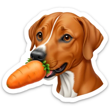 A Rhodesian ridgeback dog eating a large carrot sticker