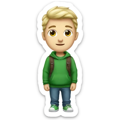 White cute boy with green sweater and backpack sticker