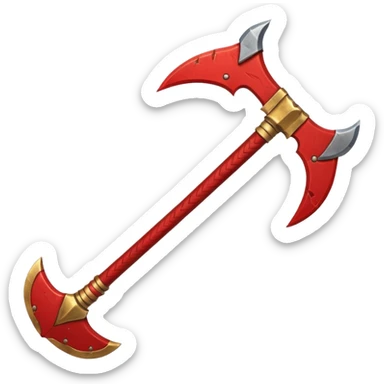 Ares battle axe object icon, ancient Greek war god axe, double-bladed heavy axe, red and gold metal, battle-worn scratches, glowing red accents, 3D cartoon, mobile game icon style, centered, clean background, soft shadow, no text, no watermark

 sticker
