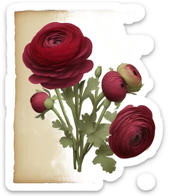A bouquet of ruby-red ranunculus tied with a velvet ribbon and an old love letter sticker