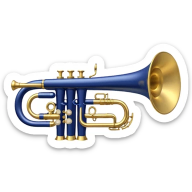 “Flat vector icon of a golden trumpet in side view with mouthpiece, bell, and three simple valves, thick dark outline, minimal details, centered on a deep navy blue rounded-square (or circle) background. Transparent outside the background, PNG.” sticker