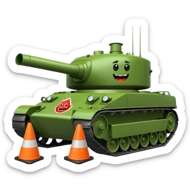 green military tank with an evil face rolling over a traffic cone with a sad face, emoji style sticker