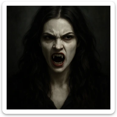 vampire woman, pale white skin, brunette, long hair, angry face, fangs out, dramatic moody style sticker