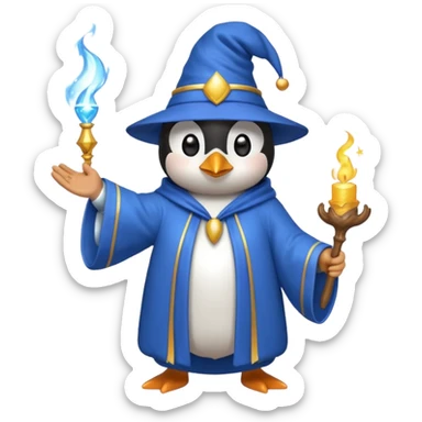 penguin wizard casting a sparkling spell wearing a blue robe and hat, emoji style sticker