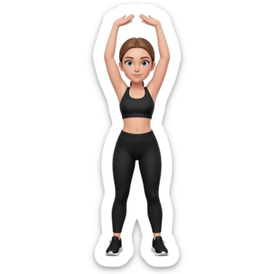 standing stretch with arms overhead, fair-skinned woman, light gray-blue eyes, ash brown brows, ash light brown hair tied back, slim athletic body, black workout set, black sneakers with white soles sticker
