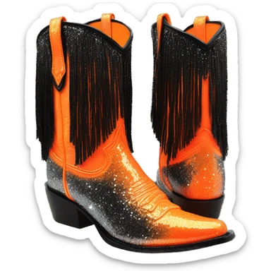 Realistic short neon Orange to black ombre fashion cowgirl boot with sparkly shiny glitter fringe on them. sticker
