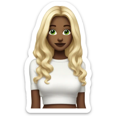 solo blonde girl with green eyes, medium bust, white sweater, long blow out hair, baddie, middle part, cute sticker