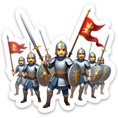 An emoji representing an ancient battle scene. Soldiers with swords, shields, and spears are fighting on an open battlefield. Dust and chaos fill the air, with banners waving and armor shining under the sun. The design is dramatic, symbolizing historical warfare and bravery sticker