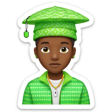 Create me an detailed emoji of a cool Young Nigerian prince wearing a neon green gradient African patterns with  a hat (a Nigerian-inspired patterned hat) and apple airpods sticker
