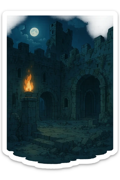 Midnight castle ruins torchlit courtyard sticker