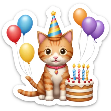 Ginger tabby kitten celebrates birthday, birthday hat, birthday cake, balloons, happy, gifts sticker