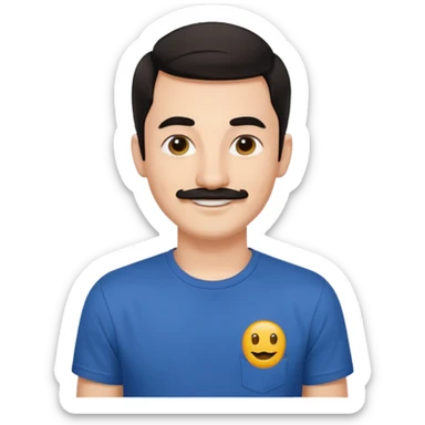 25 year old graphic designer, receding dark hair, thin moustache, black earring left ear, smiling sticker