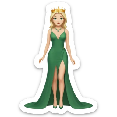 Queen, crown, blonde hair, green eyes, long green tight dress, decoltee,  Leg slit, whole Body, sticker