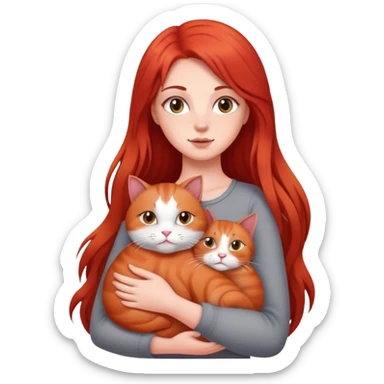 a white girl with red long hair holding a gray fat cat in her arms sticker