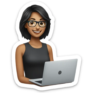 Dark hair girl with optical glasses and laptop smiling wide sticker