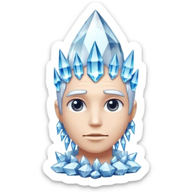 A single crystal character inspired by a clear quartz cluster, chunky base with many tall transparent crystal spikes growing upward all around it with a face sticker