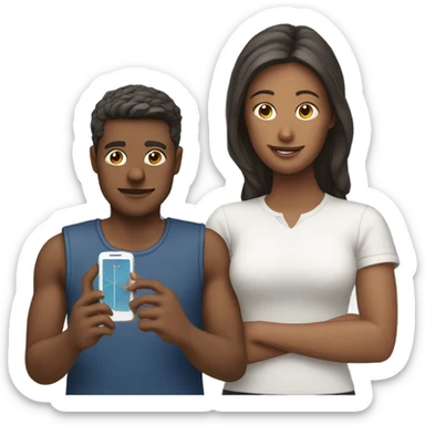 two friends with smartphone showing charts sticker