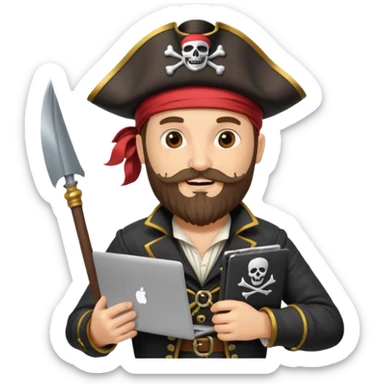 pirate captain standing with a laptop, beard, pirate flag with code symbol, cheerful and creative sticker
