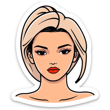 Kendall Jenner, fashion icon, elongated face, plump lips with glossy lipgloss shine sticker