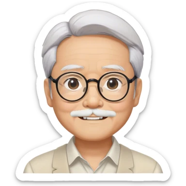 ​Cinematic Realistic Portrait of Hayao Miyazaki, depicted with defined black eyebrows, and large rectangular glasses, his happy expression rendered in lifelike detail, illuminated with soft, realistic lighting that emphasizes his creative genius, sticker