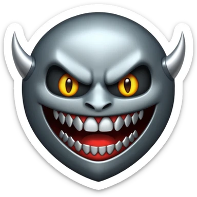 Stylized emoji icon of metallic teeth with sharp fangs, chrome texture, dark shadows, aggressive look sticker