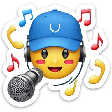 Create a dynamic and energetic emoji that represents beatboxing. The design should feature a microphone with a singing mouth and soundwaves or rhythmic beats emanating from it, symbolizing the vocal percussion and rhythm of beatboxing. Add a cap placed on top of the microphone to reflect street culture and the individuality of the performer. Include musical notes floating around to emphasize the musicality. Use bold, vibrant colors like neon blue, red, and yellow to convey energy and excitement. The background should be transparent sticker
