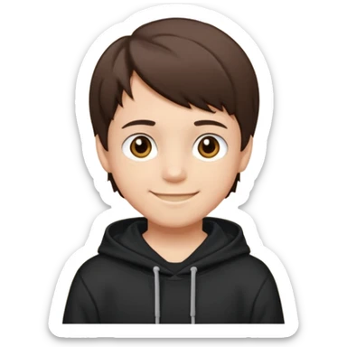 A brunette boy, short straight hair, light brown eyes, with a black sweatshirt with a hoodie, and smile  sticker