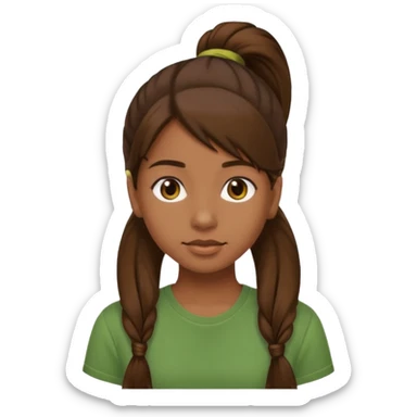 Make a zumba coach emoji, brown eyes, brown hair girl, green shirt withe "the roots" on it, longer pony tail hair sticker