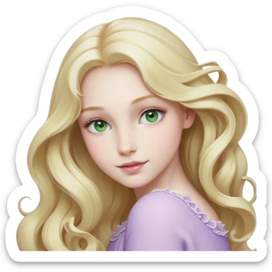 Cinematic Realistic Rapunzel Portrait, with porcelain-like skin featuring a subtle, natural glow, illuminated by soft lighting that brings out the gentle contours of her face. Her long, golden blonde hair cascades in detailed waves, each strand highlighted with a radiant shimmer as it catches the light. Her bright, expressive green eyes exude curiosity and warmth, framed by delicate lashes and soft, arched brows. Her expression is playful and vibrant, with a gentle smile. She is dressed in her classic lavender and pink gown, the fabric textured with delicate folds that flow naturally, catching the light with a soft, radiant glow. The portrait captures a luminous, enchanting aura, seamlessly blending realism with a whimsical, fairytale charm, evoking a timeless sense of beauty and magic. sticker