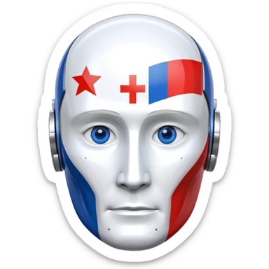 Robot head resembling Vladimir Putin with Russian flag elements sticker
