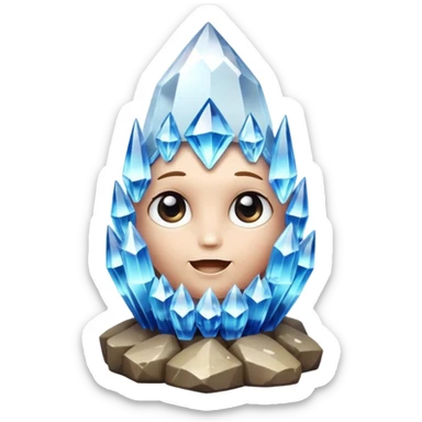 A single cute crystal rock character inspired by a clear quartz cluster, chunky round base with many tall transparent crystal spikes growing upward all around it with a face sticker
