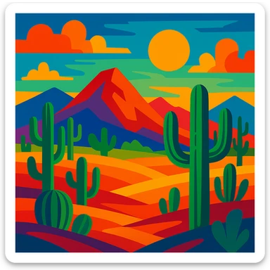 colorful Mexican landscape with cacti and mountains, vibrant colors sticker