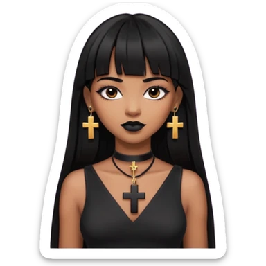 vampira parda com cabelo preto longo e liso e franja, olhos pretos, brincos em formato de cruz, choker em formato de cruz, roupa preta com decote, batom preto e sorrindo de canto sticker