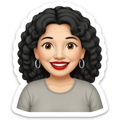60 yr old Mexican woman, slightly chubby, wavy/curly long black hair, red lipstick, big smile, white teeth, brown eyes, hoop earings, side part to hair, round face, grey t shirt, hair side swept, big hoop earing sticker