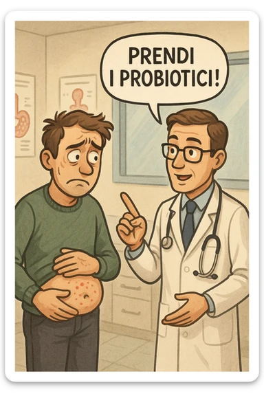Uomo che ha disbiosi evidente e il dottore gli dice "Prendi i Probiotici!" sticker