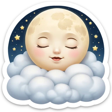 Cinematic adorable moon with a sleepy face, round and chubby, soft glowing light, tiny rosy cheeks, resting on a bed of fluffy clouds, dreamy and peaceful. sticker