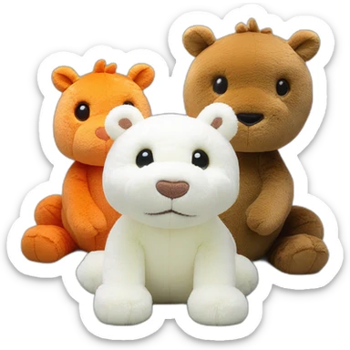 three jellycat dolls in a picture, white peluche dragon jellycat,hippopotamus jellycat, fox jellycat sticker