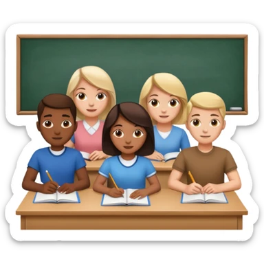 five people studying together in a classroom sticker