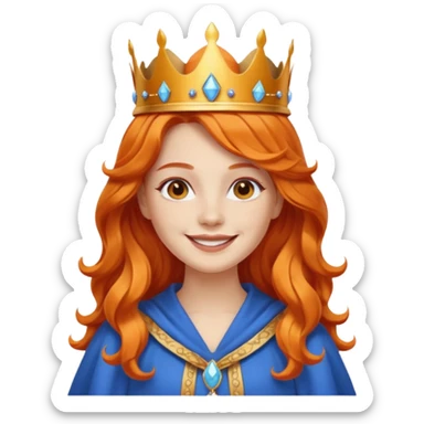young queen white skin, long wavy orange hair, bright smile, wearing crown and blue robe emoji sticker