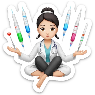 emoji of an asian woman with a single bun in a white lab coat sitting cross legged with micropipettes levitating in an arc around her head sticker