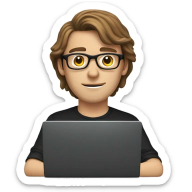 white guy brown hair and black mount glasses typing in laptop wearing black shirt sticker