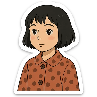 ghibli style girl with black bob-cut hair, dotted coat, Chinese appearance sticker