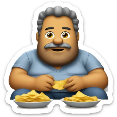 A fat dad sitting on the couch eating chips and watching Simpson’s with gray/brown hair and a brown beard sticker