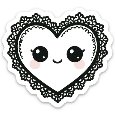 white goth heart with black gothic lace, ornate, kawaii style, no background sticker