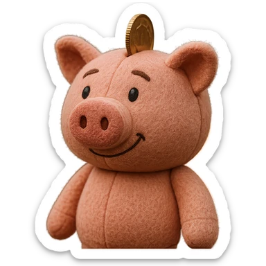 Side profile view of a pink piggy bank with a coin, 3d cartoon style, plushy texture, no background, soft and cuddly appearance. sticker