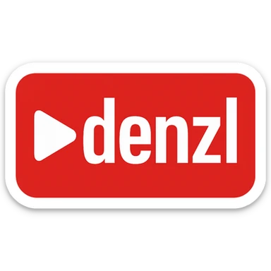 YouTube-themed 'denzl' logo, strong red background, white text, play button motif, digital media vibe sticker