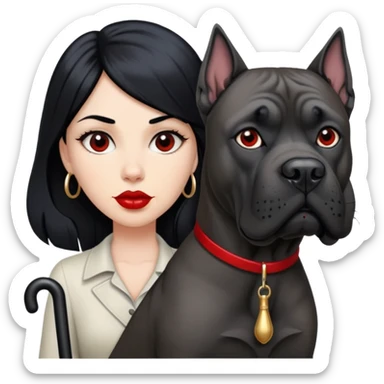 woman with long black hair and red lips next to a black Cane Corso dog with cropped ears and short tail sticker